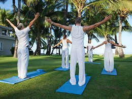 Séance de yoga dans le jardin verdoyant