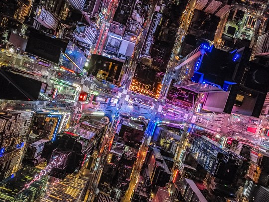 Times Square vu du ciel, lumières éclatantes