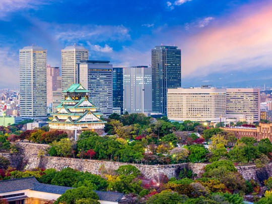 Vue sur la skyline et le château d'Osaka