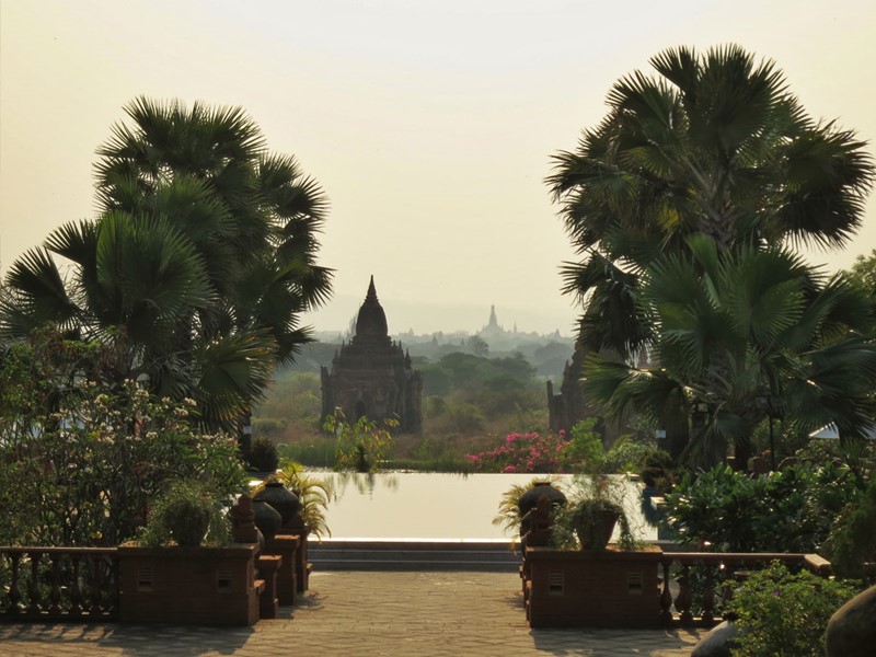 Vue imprenable sur les temples de Bagan depuis la piscine
