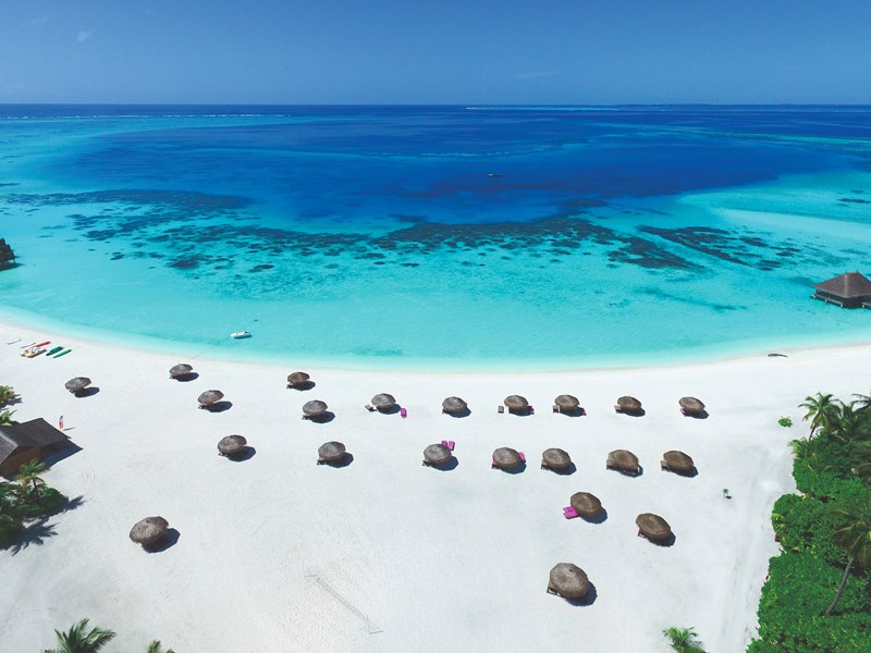 Eaux turquoise et plage immaculée au Constance Moofushi Maldives