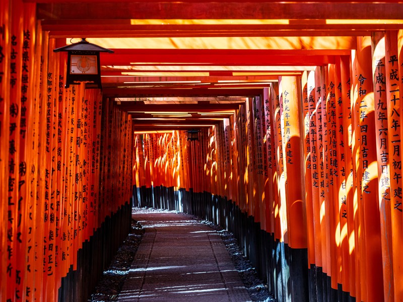 Allée de torii rouges au sanctuaire Fushimi Inari