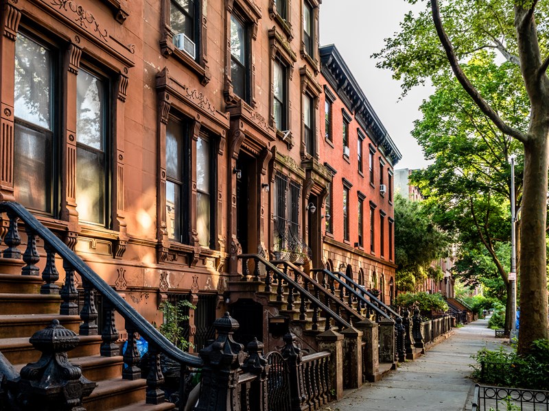 Brownstones classiques de Clinton Hill en été