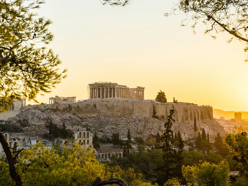 Vue sur l'Acropole au coucher du soleil